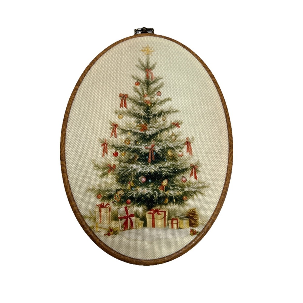 Christmas Tree Framed Oval Wall Art Decor, Vintage-Style Christmas Pine Tree